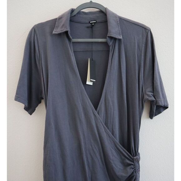 Monrow HD0418 Women's Sz Medium Gray Faux Wrap Shirred Waist Shirt Dress - Picture 5 of 10